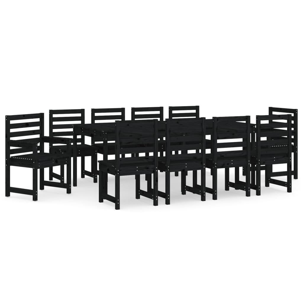 11 Piece Garden Dining Set Black Solid Wood Pine