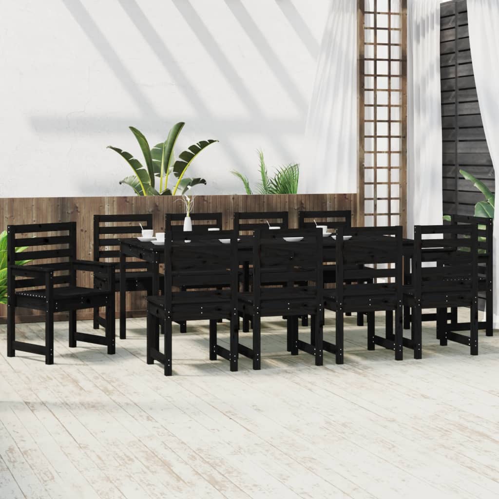 11 Piece Garden Dining Set Black Solid Wood Pine