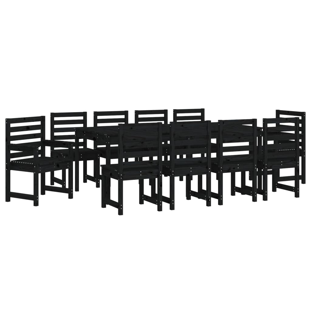 11 Piece Garden Dining Set Black Solid Wood Pine