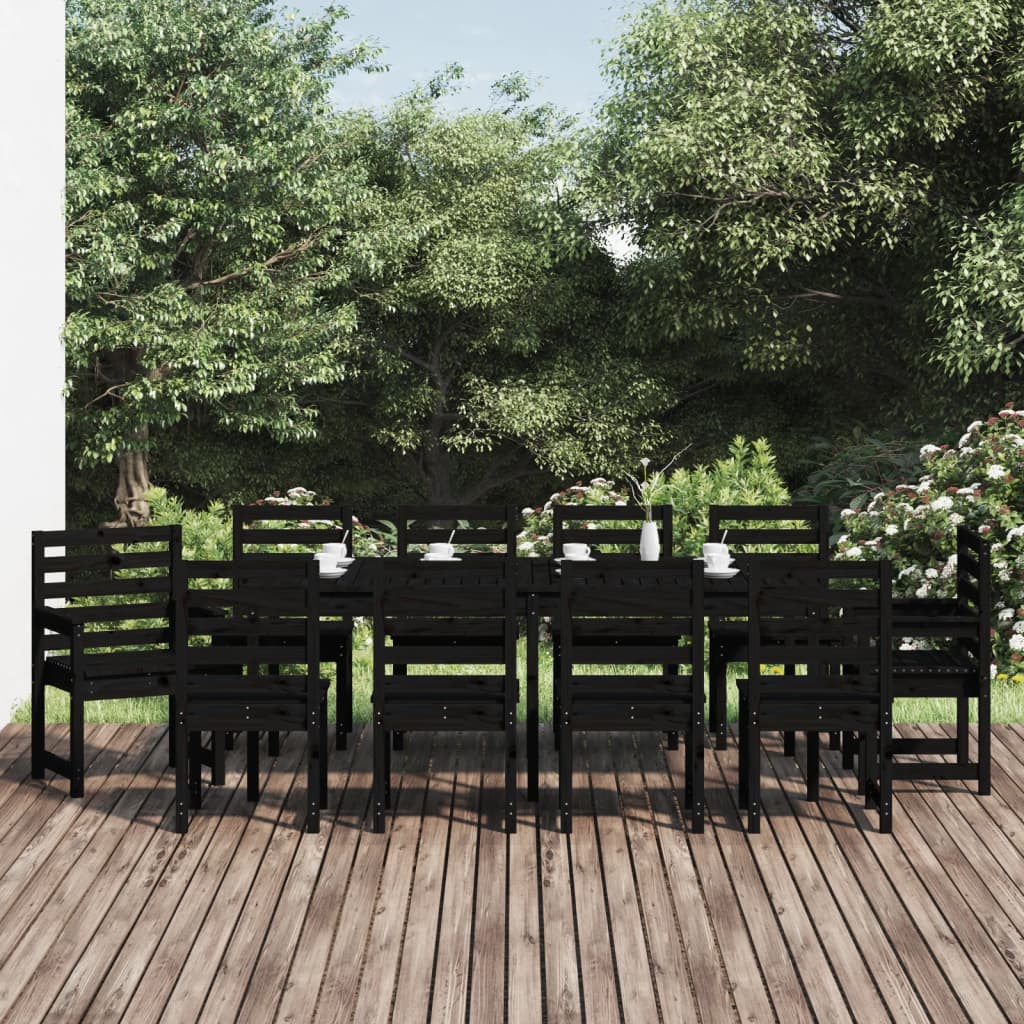 11 Piece Garden Dining Set Black Solid Wood Pine