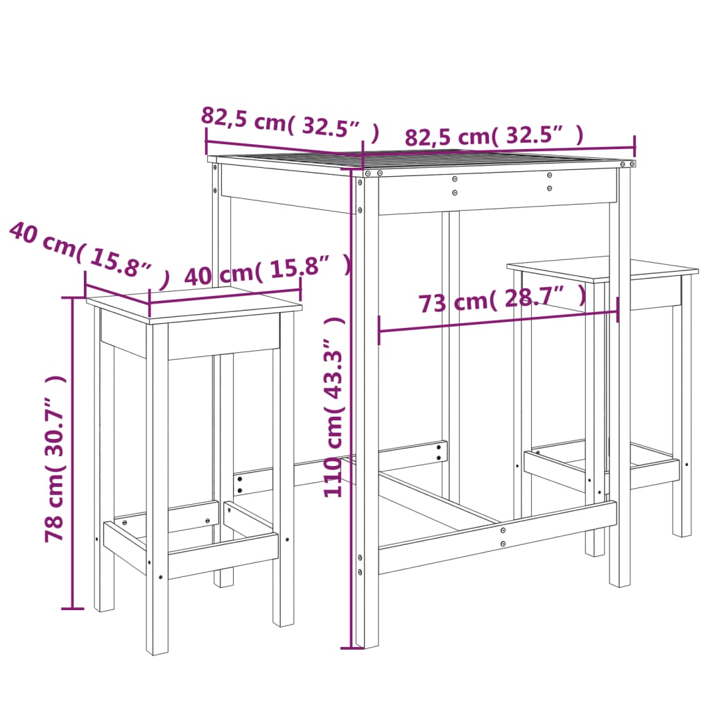 3 Piece Garden Bar Set Grey Solid Wood Pine