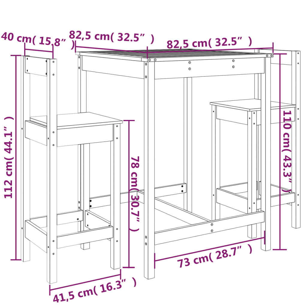 3 Piece Garden Bar Set White Solid Wood Pine