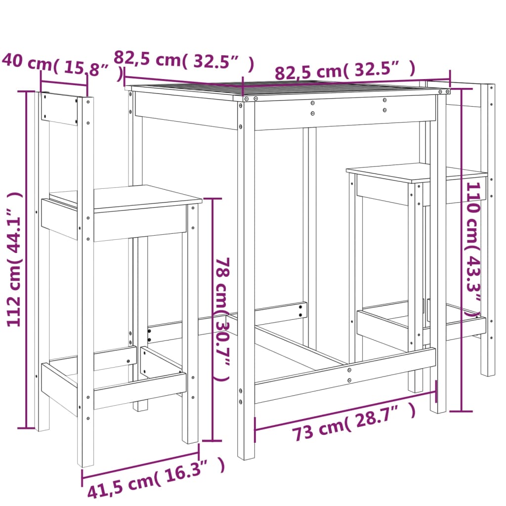 3 Piece Garden Bar Set Grey Solid Wood Pine