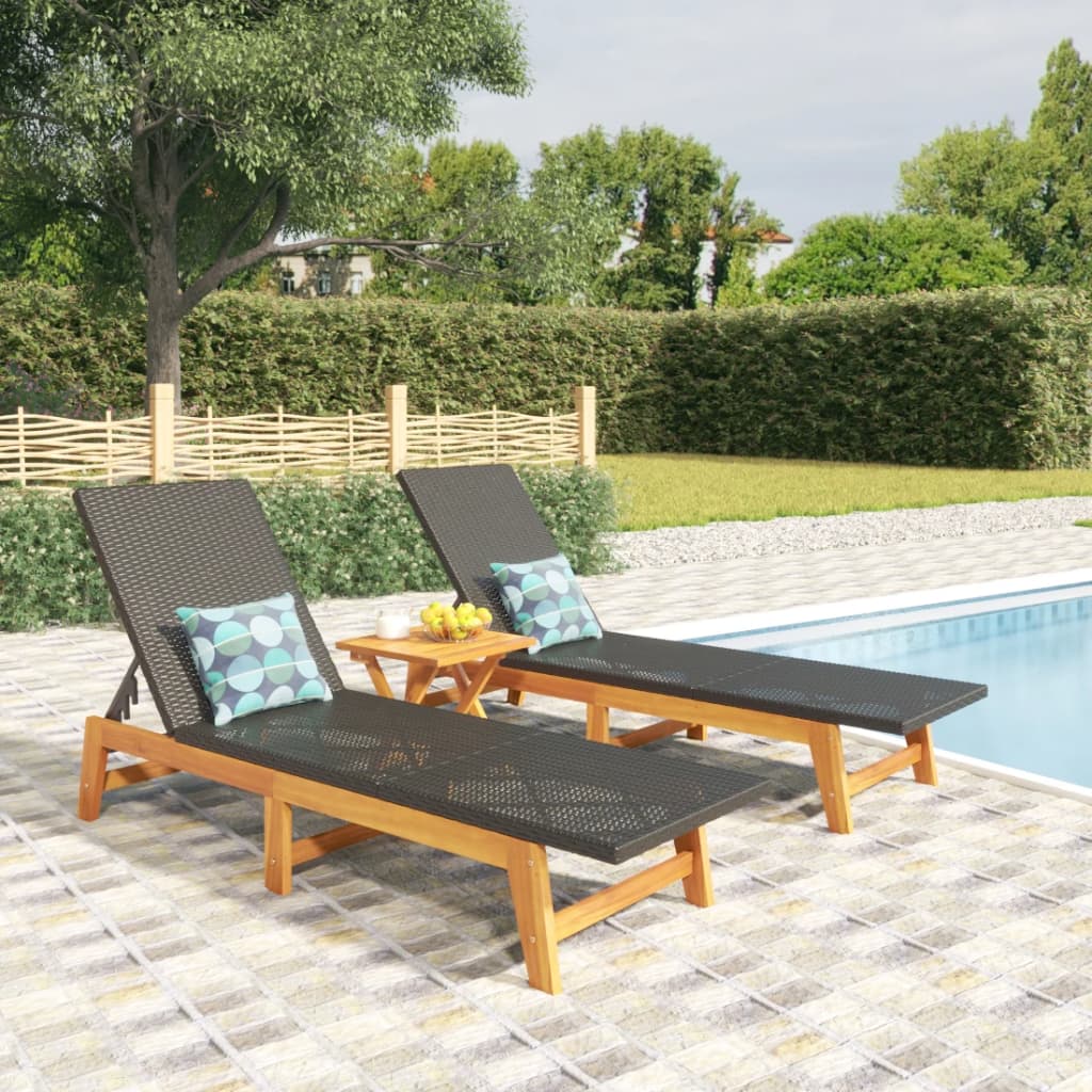 Sun Loungers 2 pcs Black and Brown Poly Rattan&Solid Wood Acacia