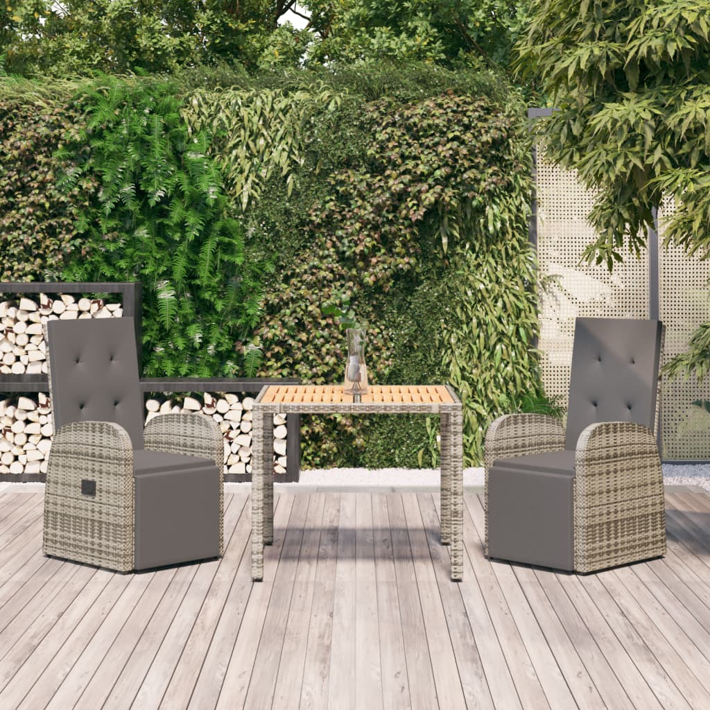 3 Piece Garden Dining Set Grey Poly Rattan&Solid Wood Acacia