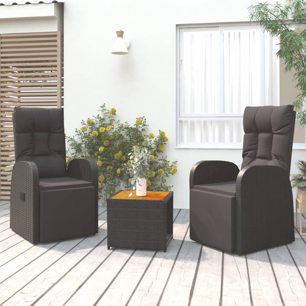 3 Piece Garden Lounge Set Black Poly Rattan&Solid Wood Acacia