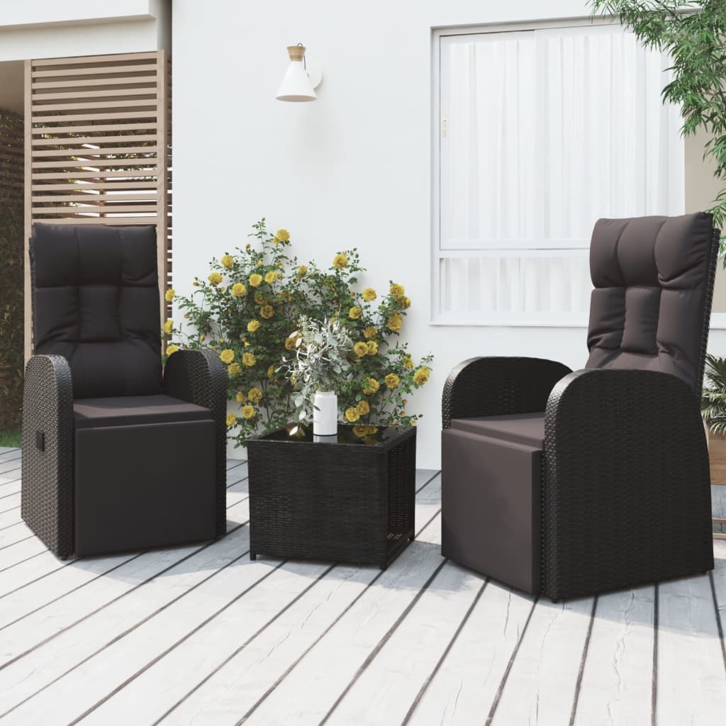 3 Piece Garden Lounge Set Black Poly Rattan&Steel