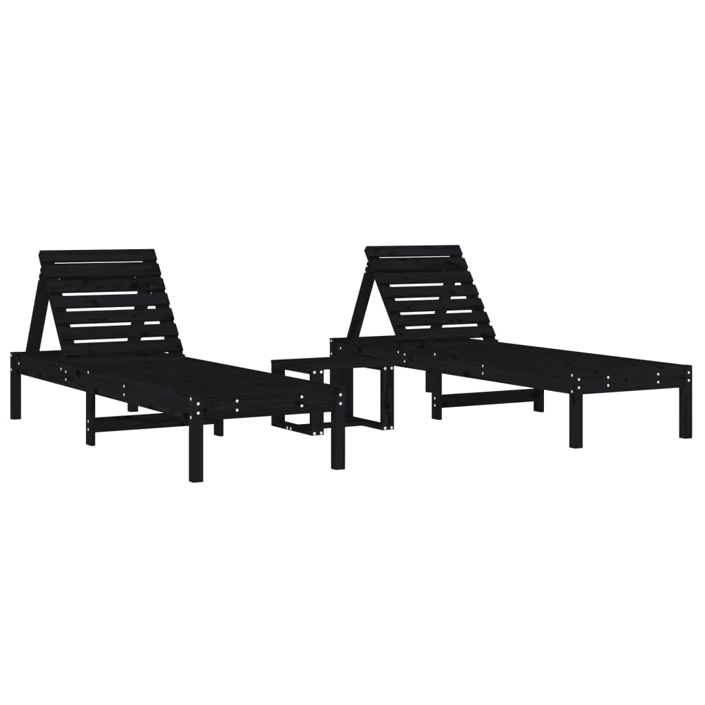 Sun Loungers 2 pcs with Table Black Solid Wood Pine