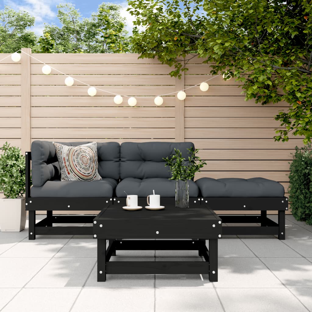 4 Piece Garden Lounge Set Black Solid Wood Pine