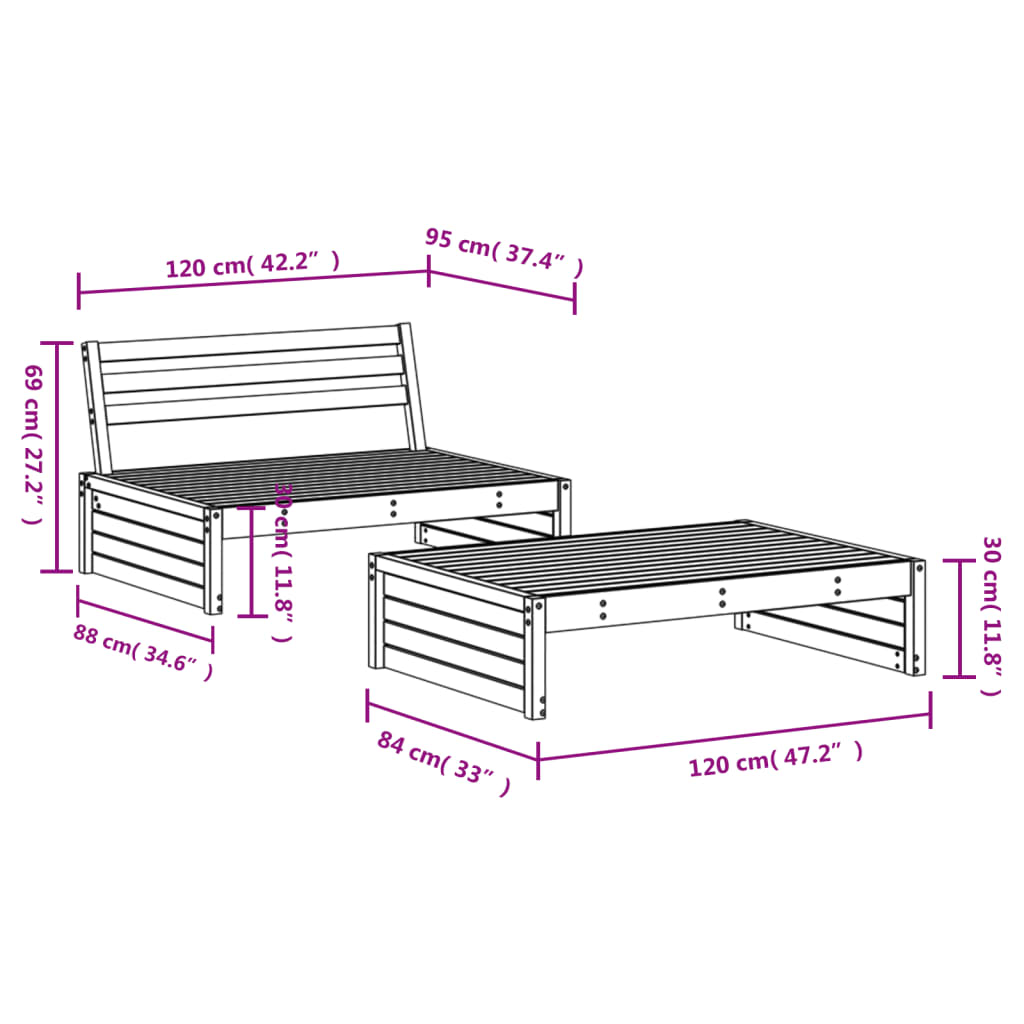 2 Piece Garden Lounge Set Solid Wood Pine