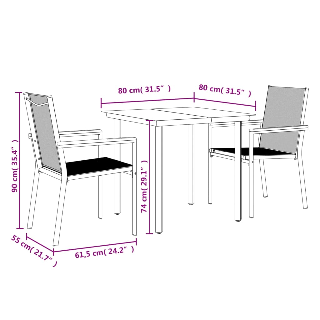 3 Piece Garden Dining Set Black Textilene and Steel