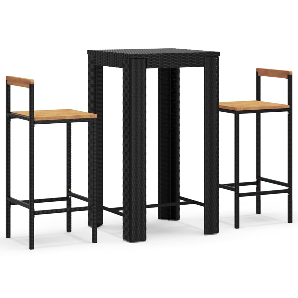 3 Piece Garden Bar Set Black Poly Rattan&Solid Wood Acacia