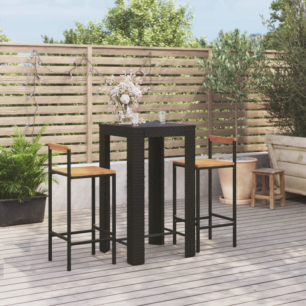 3 Piece Garden Bar Set Black Poly Rattan&Solid Wood Acacia