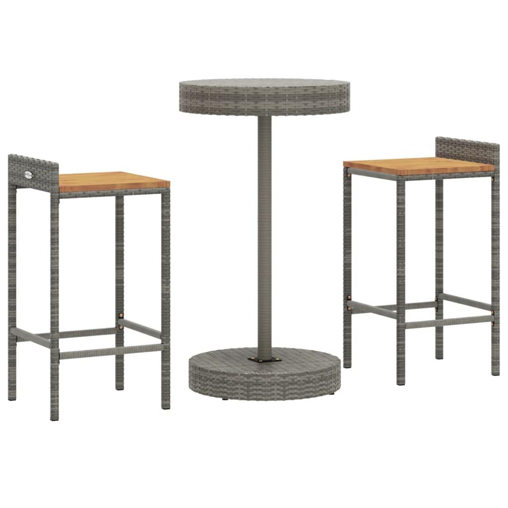 3 Piece Garden Bar Set Grey Poly Rattan&Solid Wood Acacia