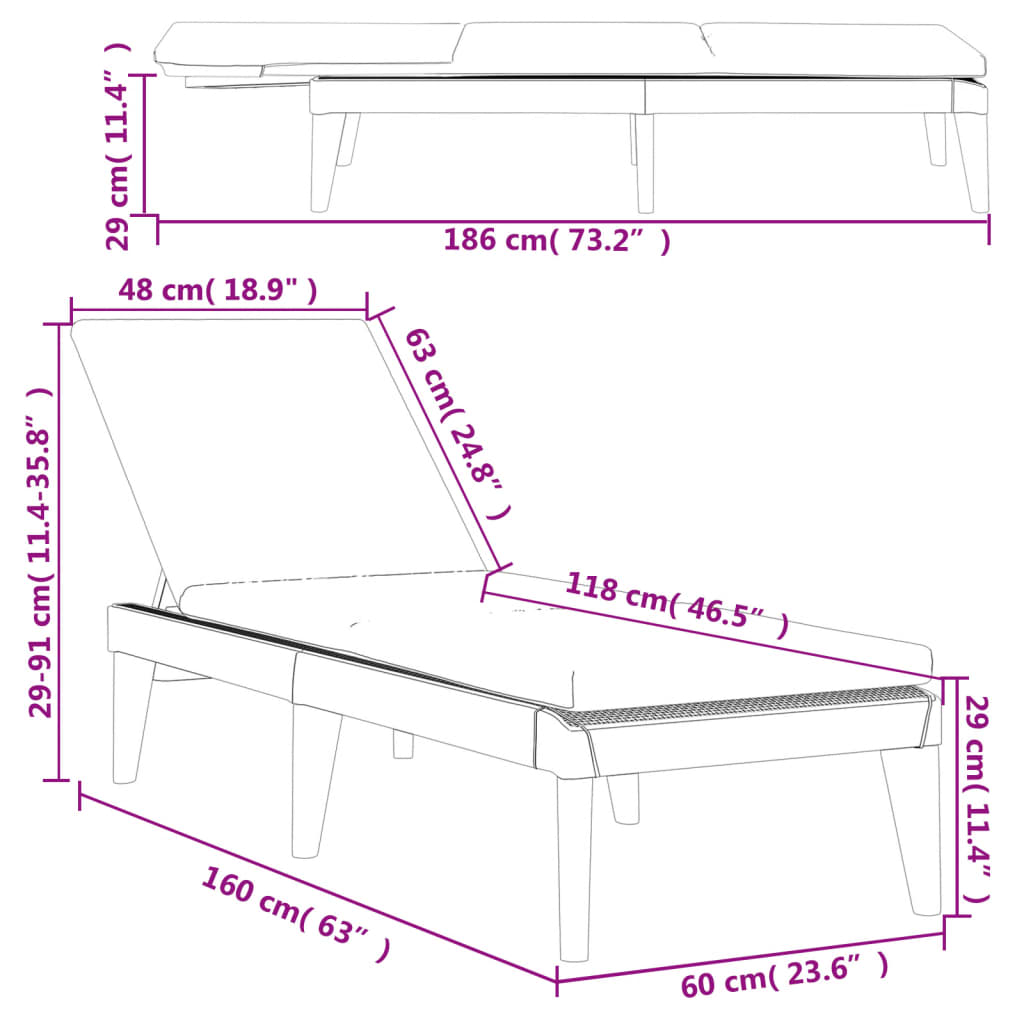 Sun Lounger with Cushion White 186x60x29 cm PP