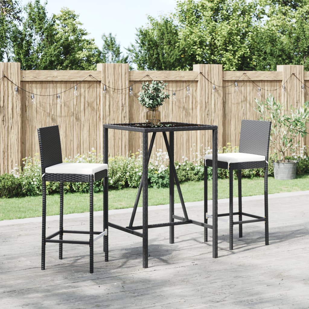 3 Piece Garden Bar Set with Cushions Black Poly Rattan