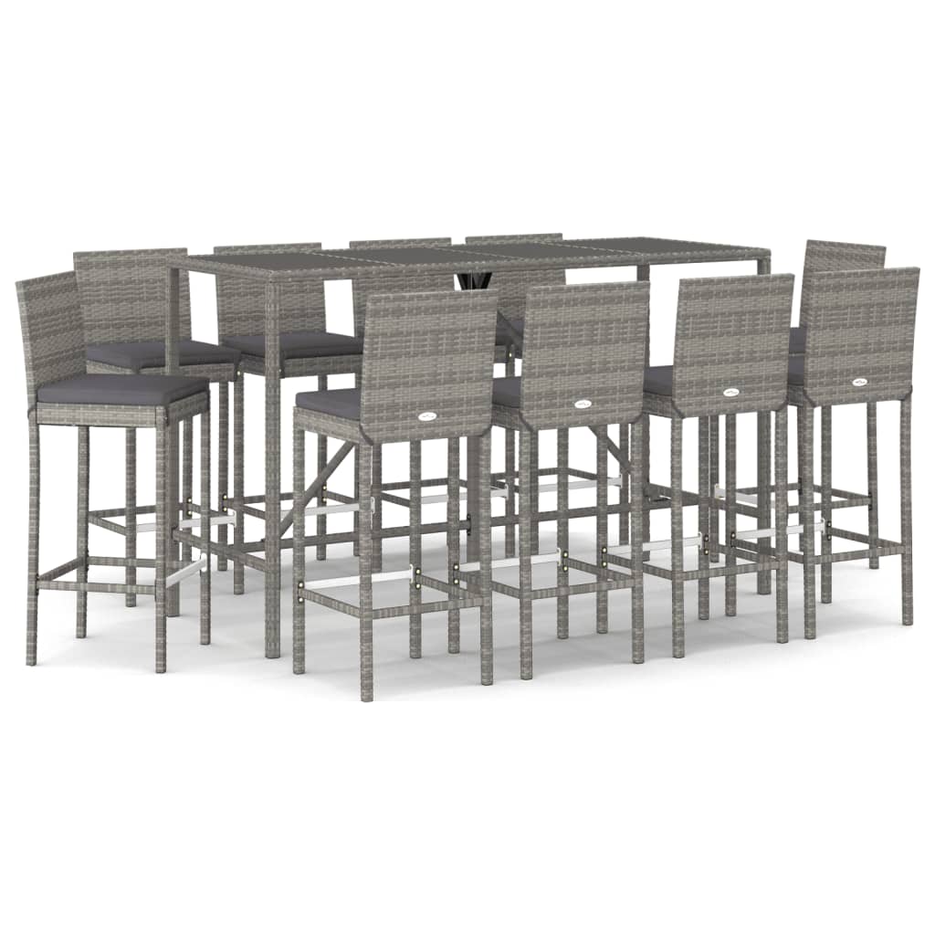 11 Piece Garden Bar Set with Cushions Grey Poly Rattan