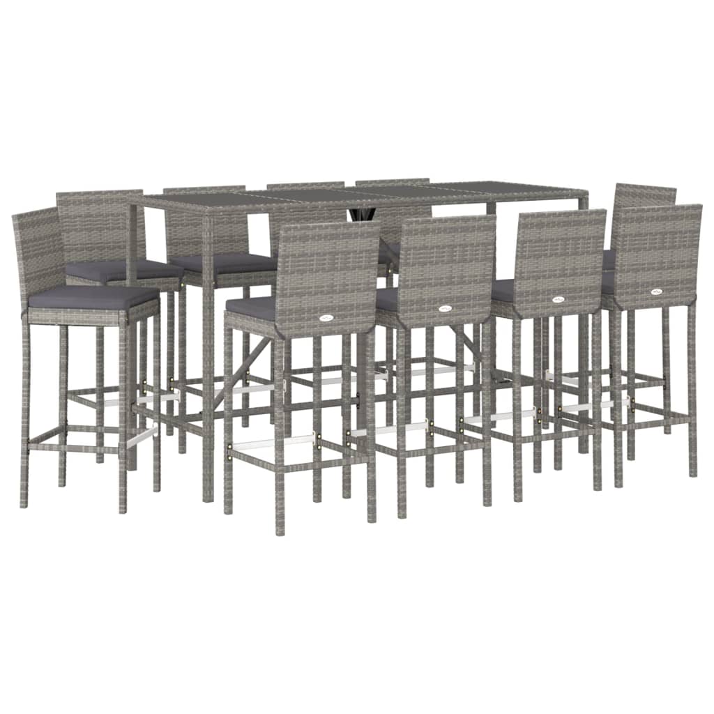 11 Piece Garden Bar Set with Cushions Grey Poly Rattan