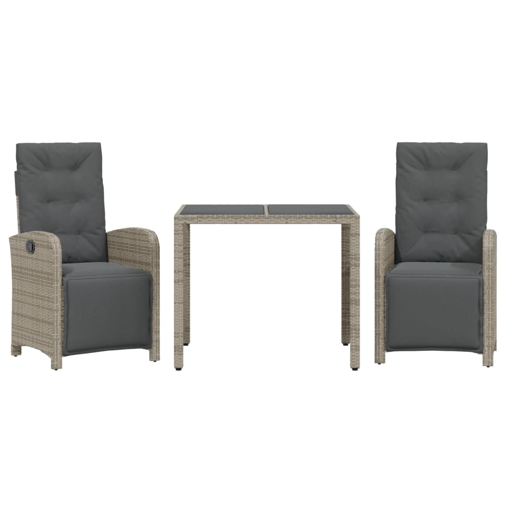 3 Piece Bistro Set with Cushions Grey Poly Rattan