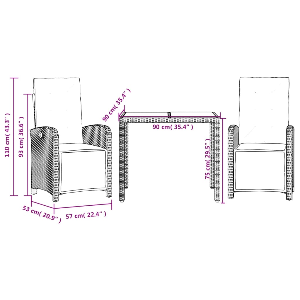 3 Piece Bistro Set with Cushions Grey Poly Rattan