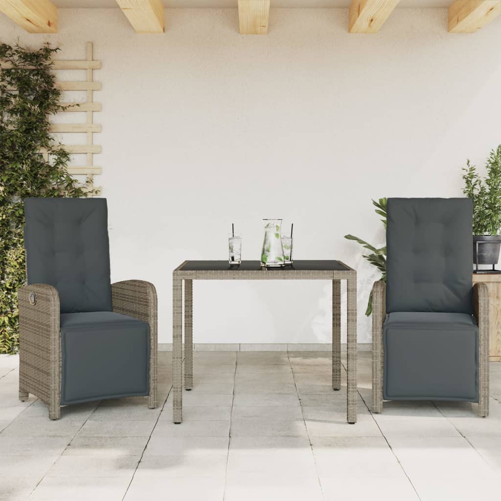 3 Piece Bistro Set with Cushions Grey Poly Rattan