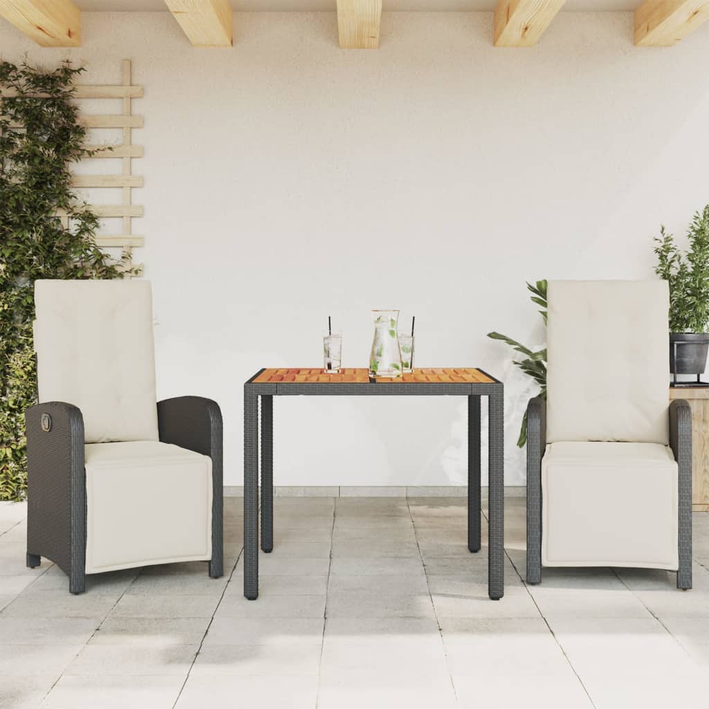 3 Piece Bistro Set with Cushions Black Poly Rattan