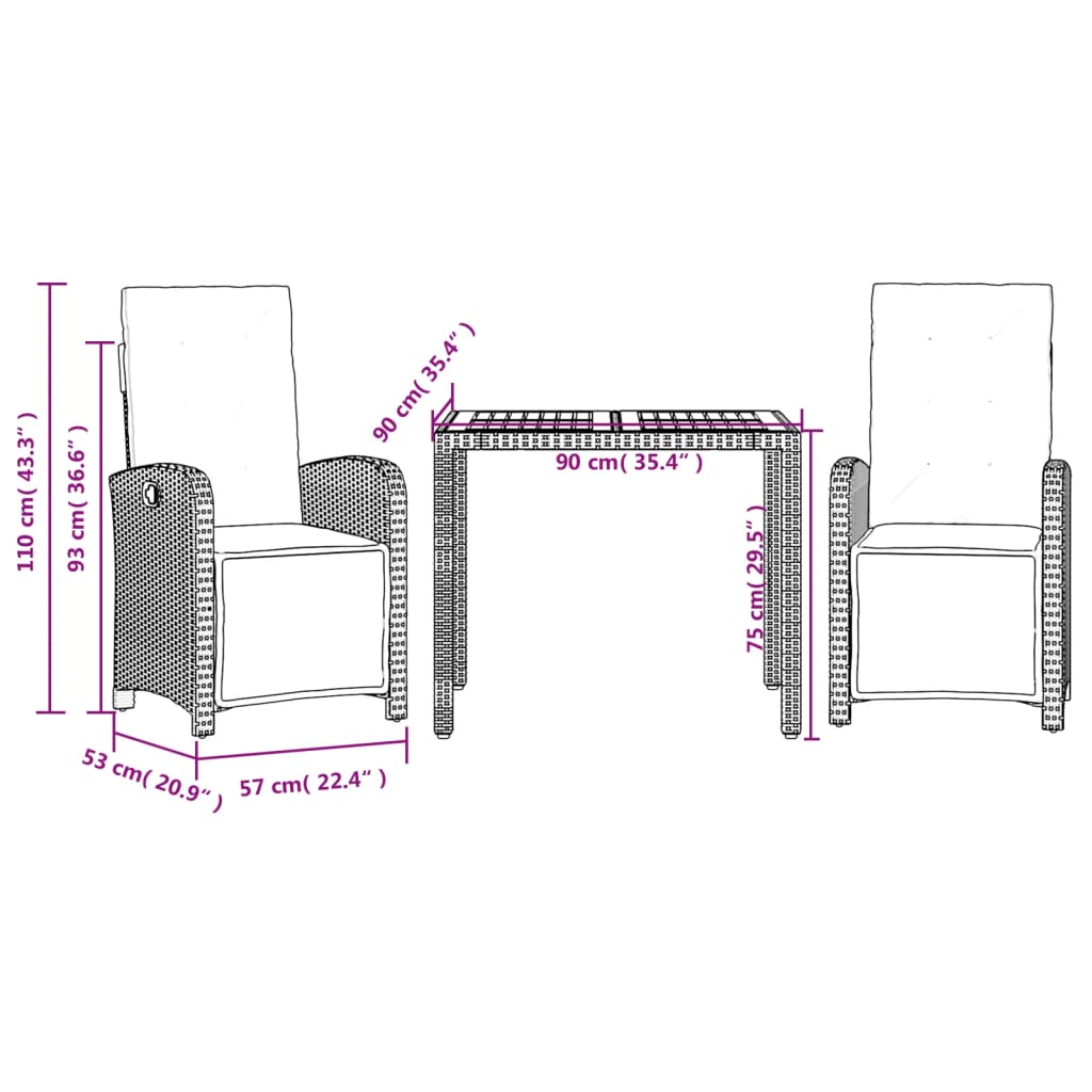 3 Piece Bistro Set with Cushions Black Poly Rattan