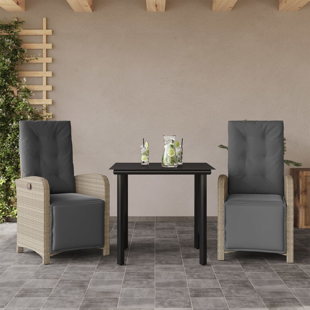 3 Piece Bistro Set with Cushions Light Grey Poly Rattan