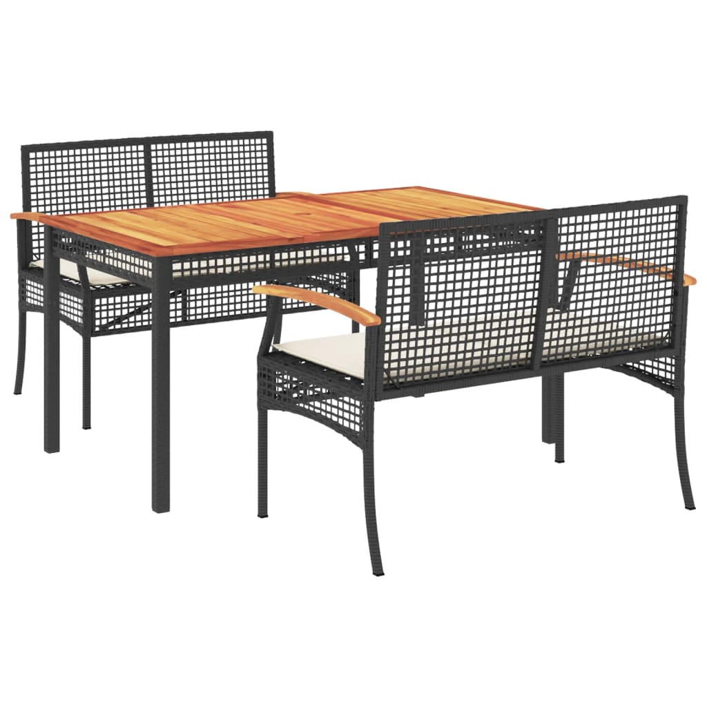 3 Piece Garden Dining Set with Cushions Black Poly Rattan