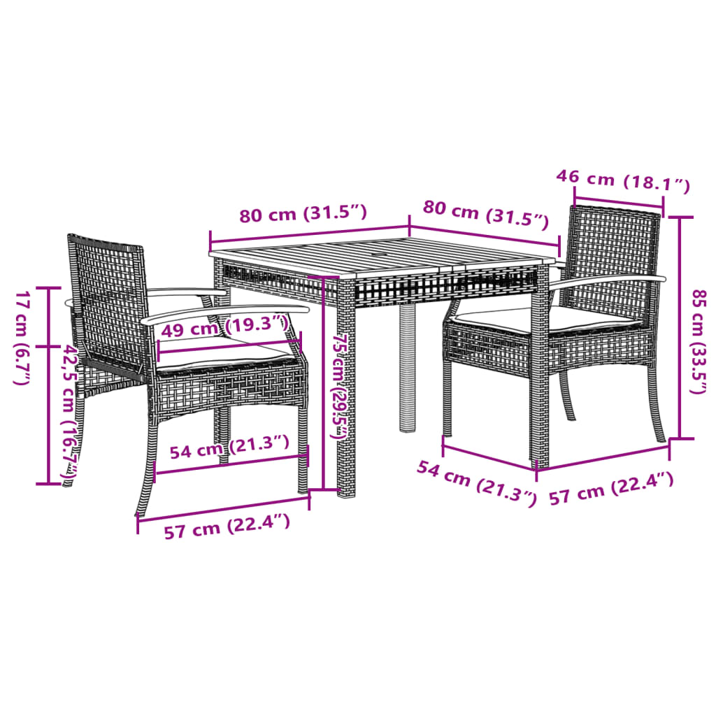 3 Piece Garden Dining Set with Cushions Grey Poly Rattan