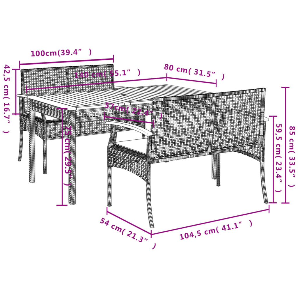 3 Piece Garden Dining Set with Cushions Grey Poly Rattan