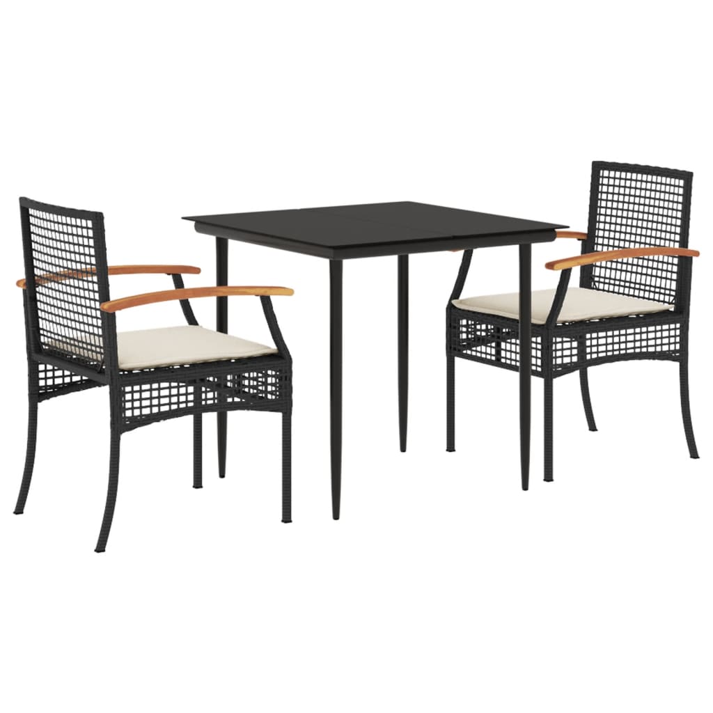 3 Piece Garden Dining Set with Cushions Black Poly Rattan