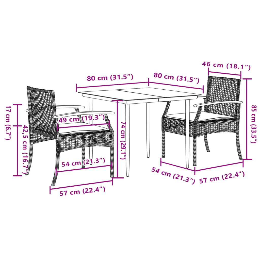 3 Piece Garden Dining Set with Cushions Black Poly Rattan