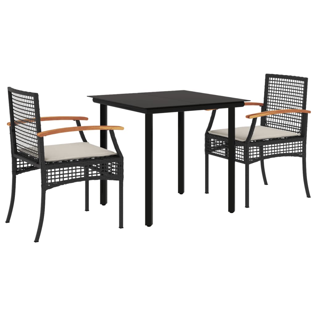 3 Piece Garden Dining Set with Cushions Black Poly Rattan