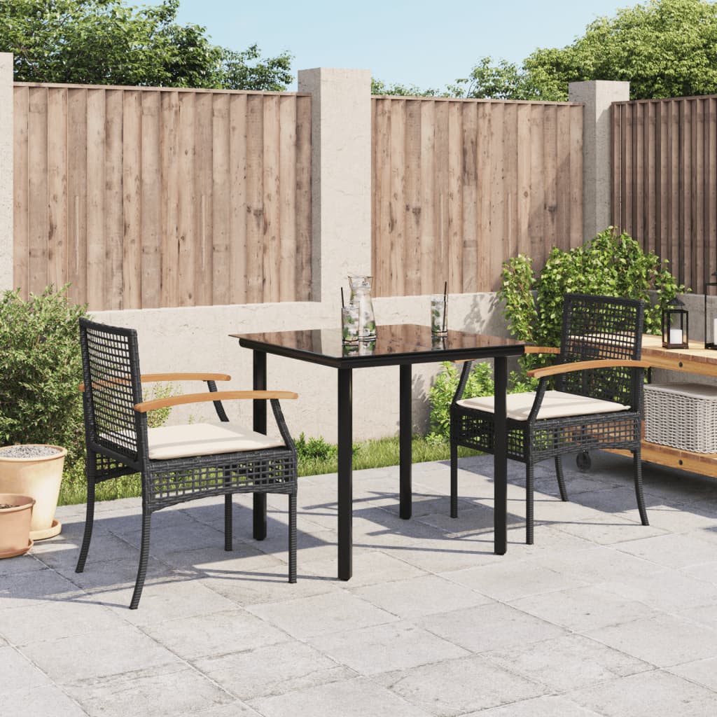 3 Piece Garden Dining Set with Cushions Black Poly Rattan