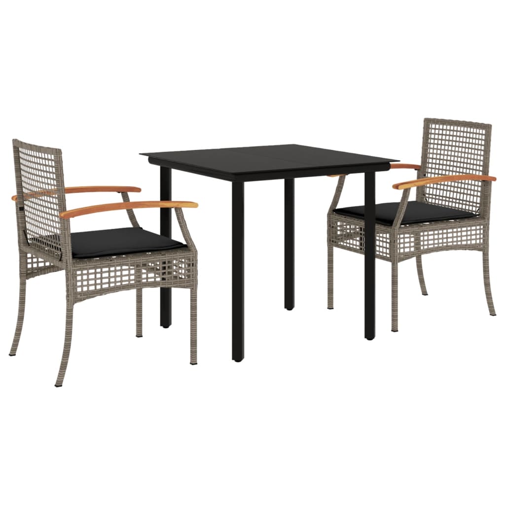 3 Piece Garden Dining Set with Cushions Grey Poly Rattan