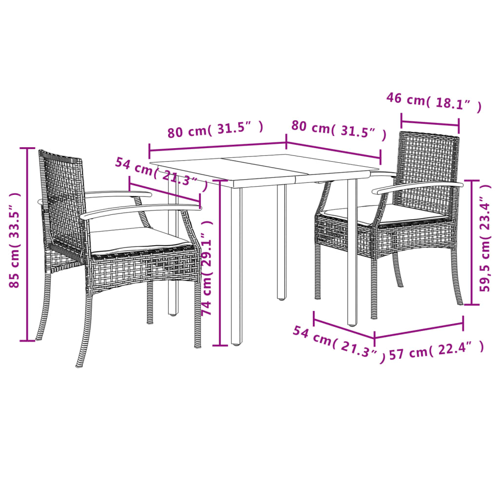 3 Piece Garden Dining Set with Cushions Grey Poly Rattan