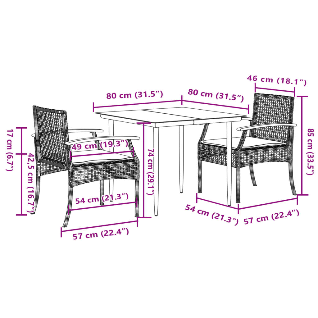 3 Piece Garden Dining Set with Cushions Beige Poly Rattan