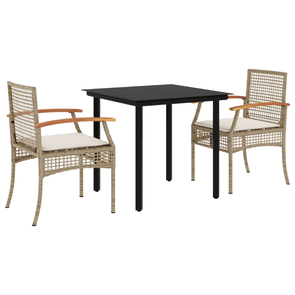 3 Piece Garden Dining Set with Cushions Beige Poly Rattan