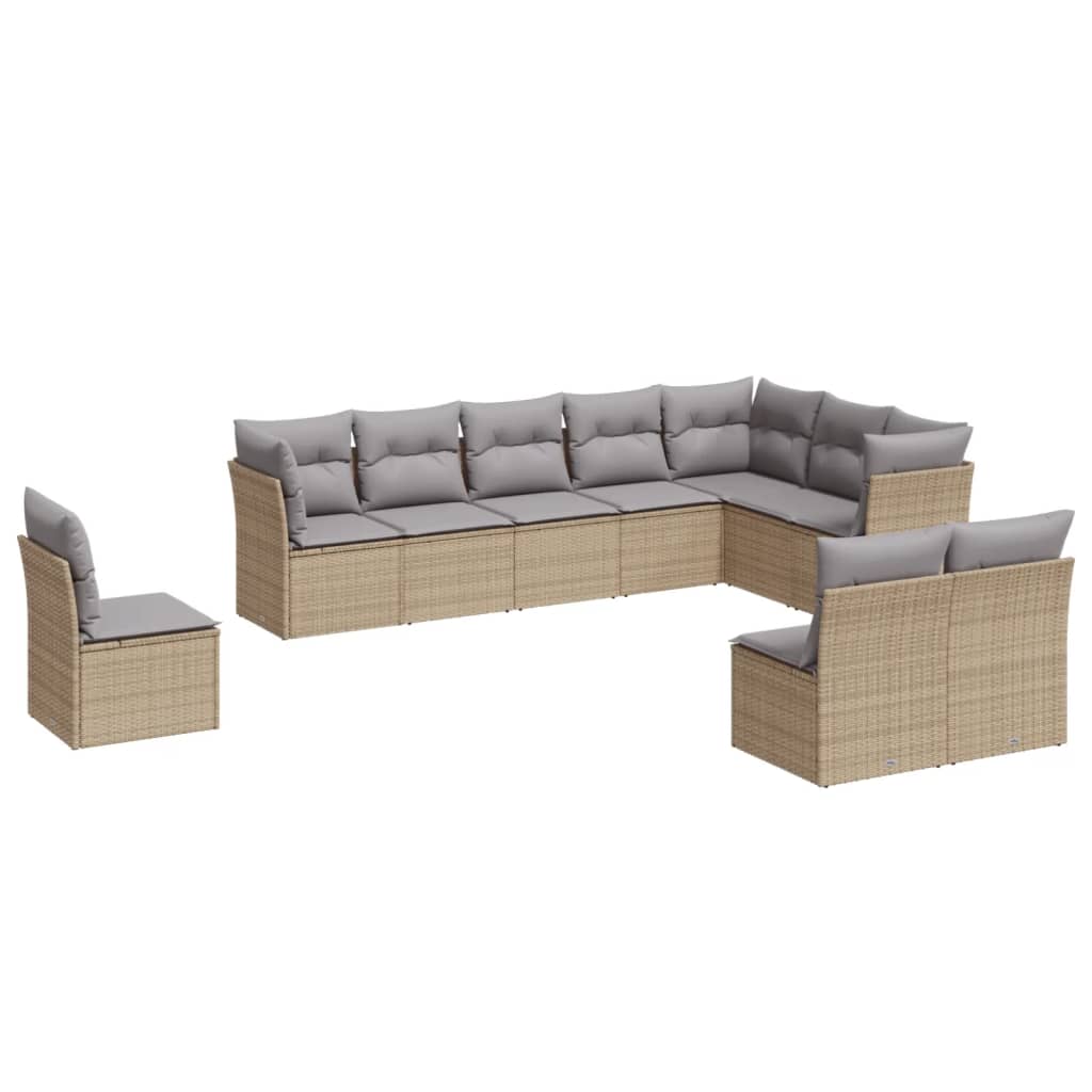 10 Piece Garden Sofa Set with Cushions Beige Poly Rattan