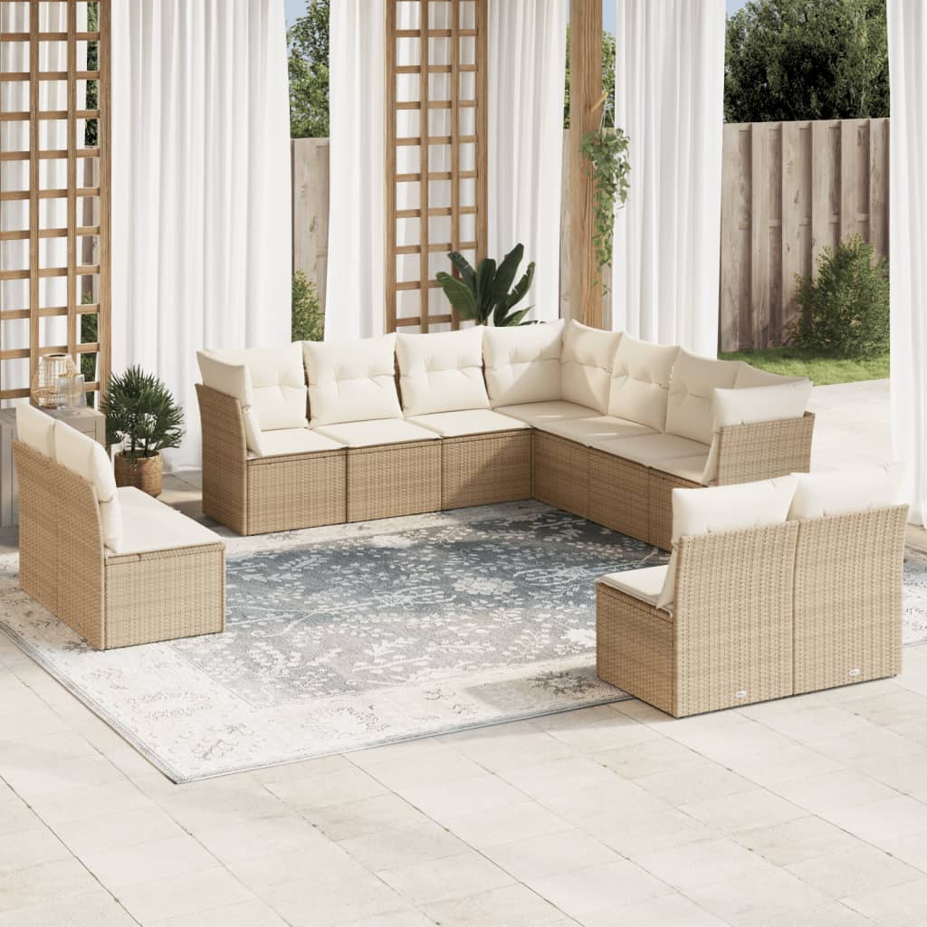 11 Piece Garden Sofa Set with Cushions Beige Poly Rattan